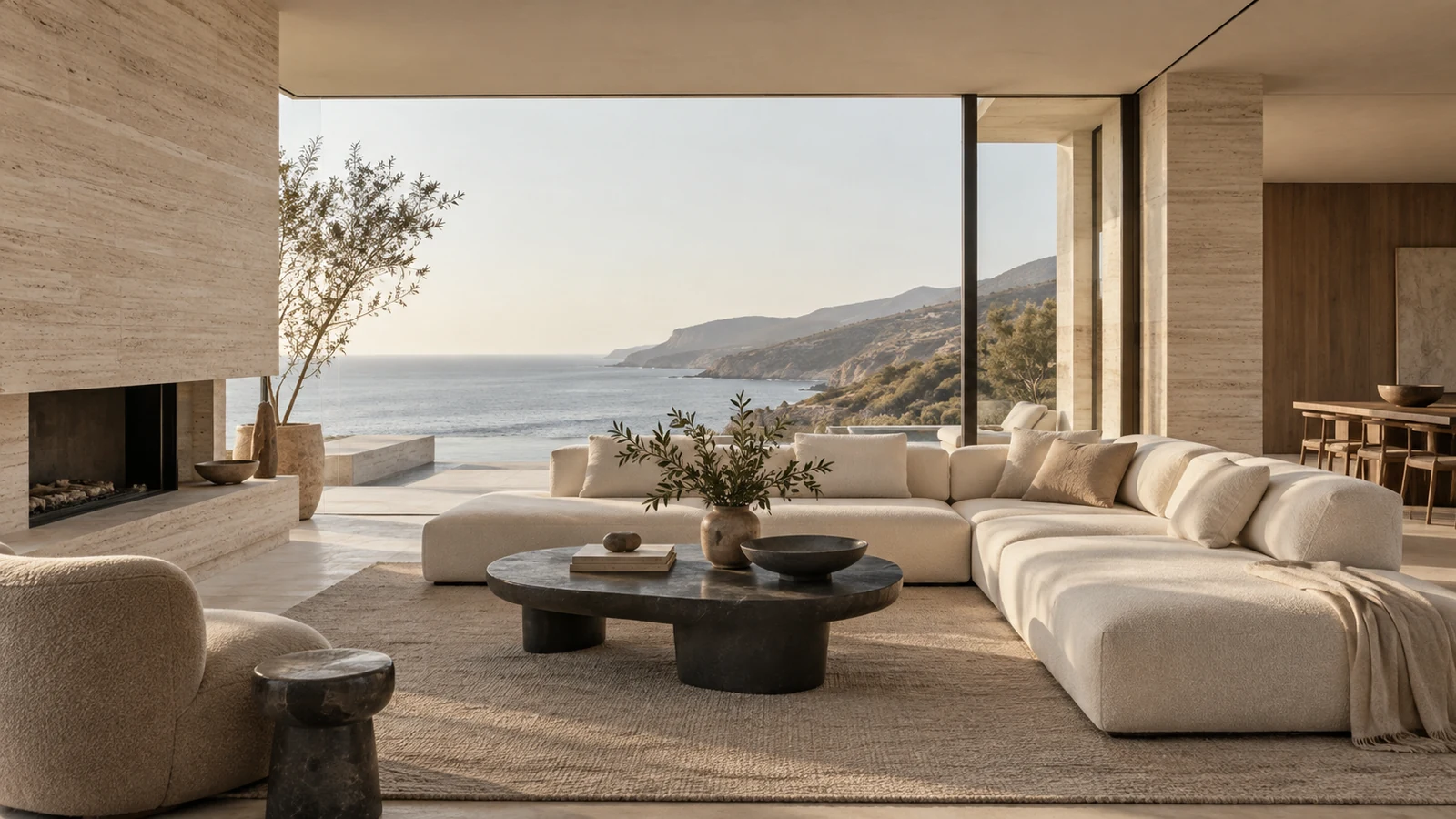 A quiet coastal living room with warm natural materials
