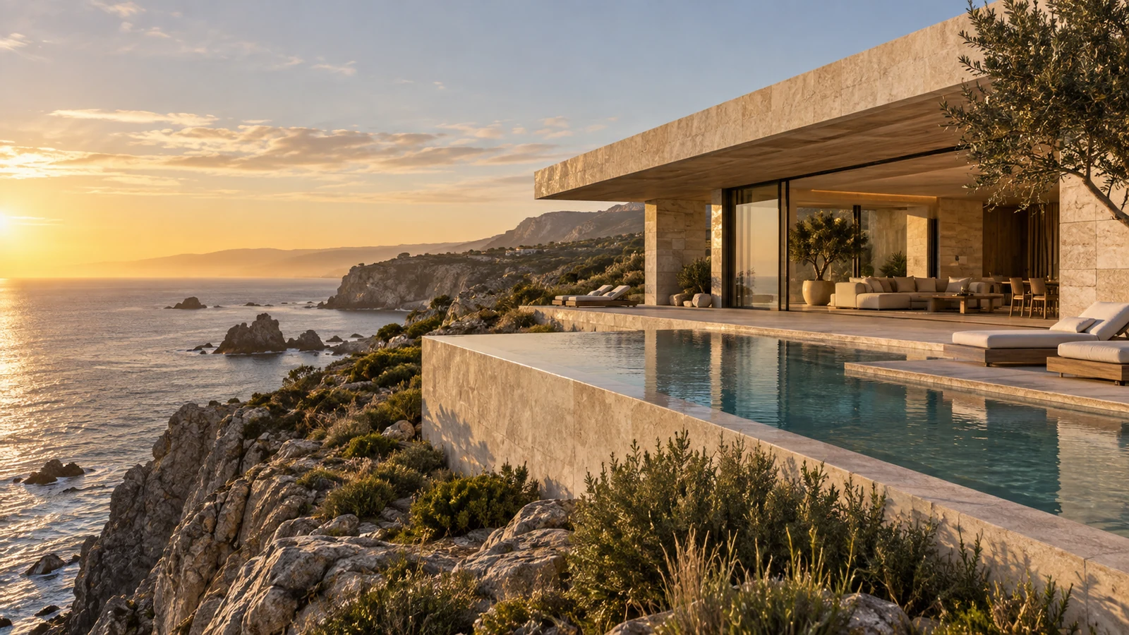 A limestone pavilion and infinity pool above a quiet coastline at sunset