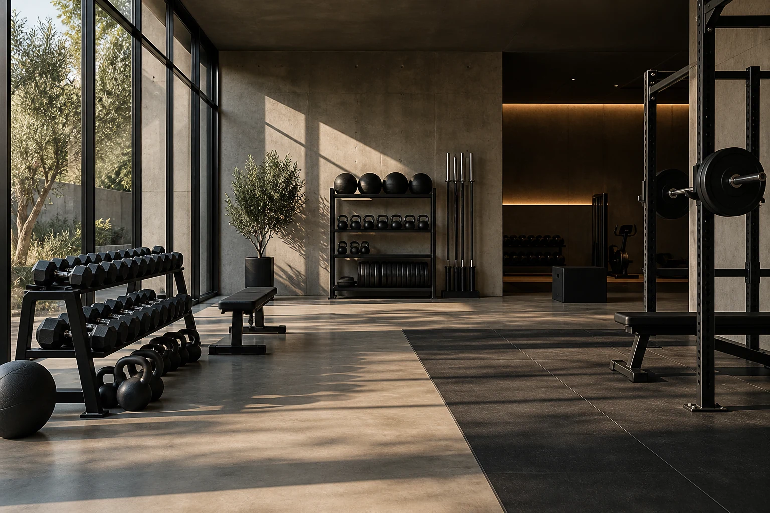 Illustrative training studio with free weights and a strength rack