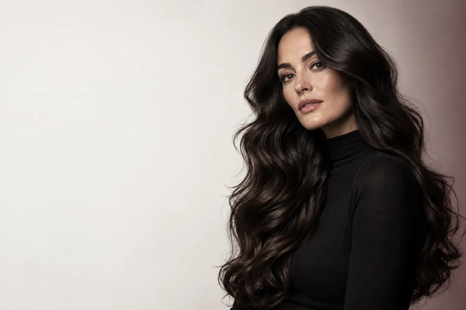 An editorial portrait with sculptural dark waves
