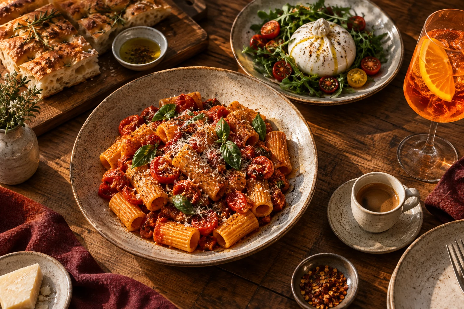 Illustrative shared table with tomato rigatoni, burrata, focaccia, espresso and an orange drink
