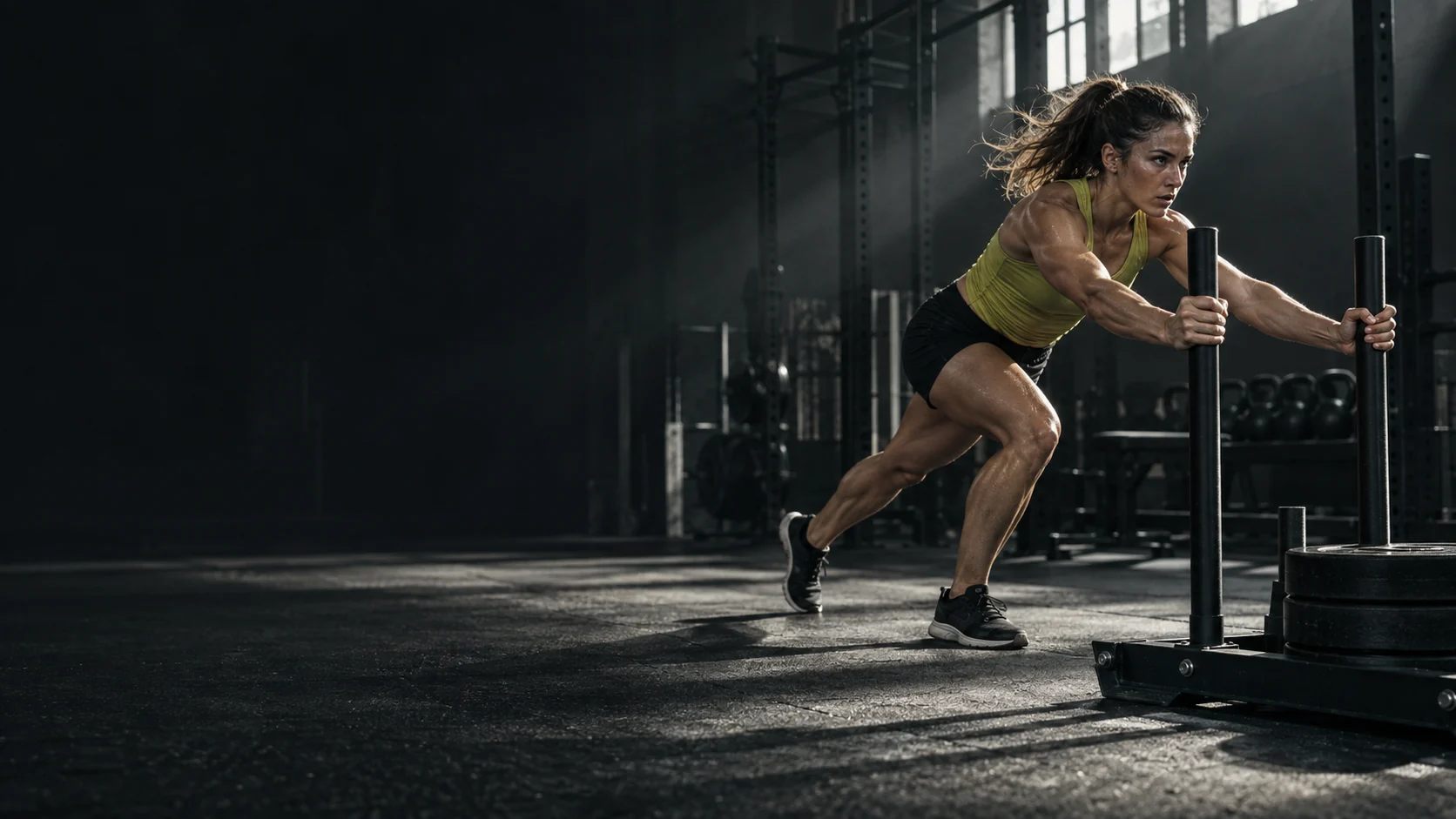 A fictional athlete pushing a sled in a training studio
