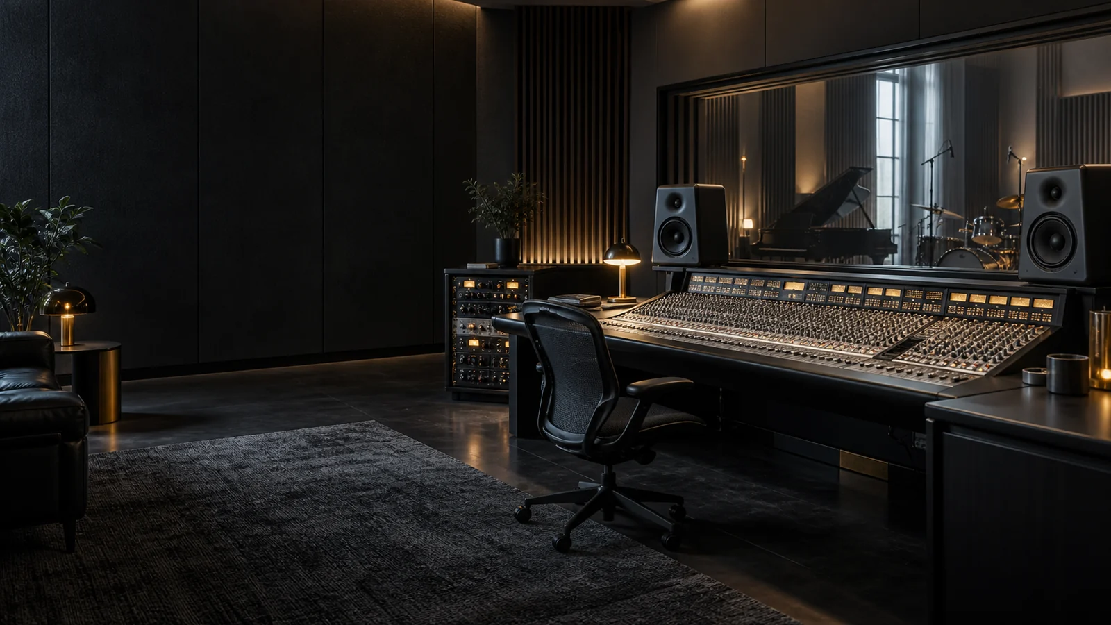 A music production room with a mixing console and studio monitors